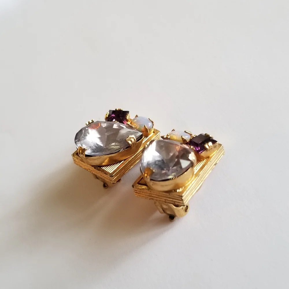 Vintage earrings rhinestone clip on faux opal gold tone rectangular chunky